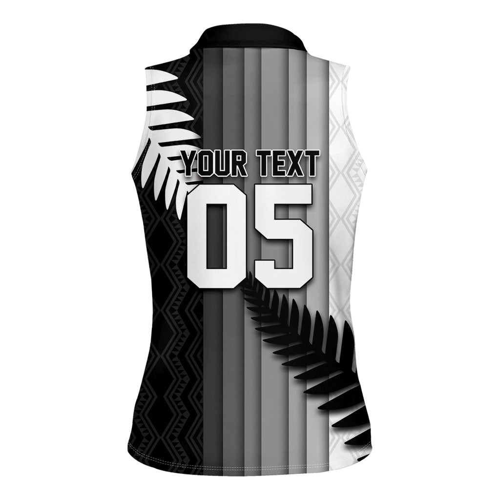 Custom New Zealand Football Women Sleeveless Polo Shirt Silver Fern Maori Pattern Monochrome