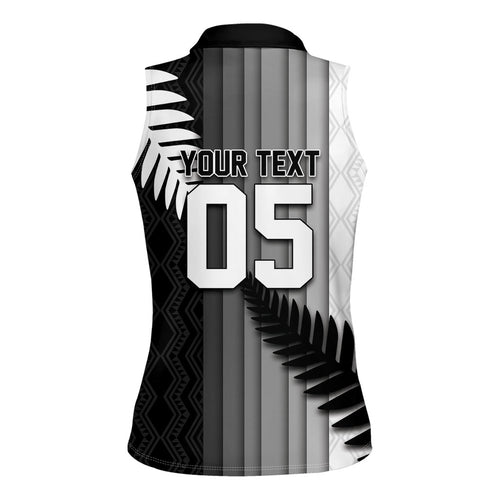 Custom New Zealand Football Women Sleeveless Polo Shirt Silver Fern Maori Pattern Monochrome