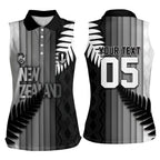 Custom New Zealand Football Women Sleeveless Polo Shirt Silver Fern Maori Pattern Monochrome