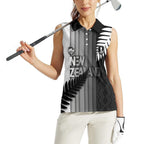 Custom New Zealand Football Women Sleeveless Polo Shirt Silver Fern Maori Pattern Monochrome