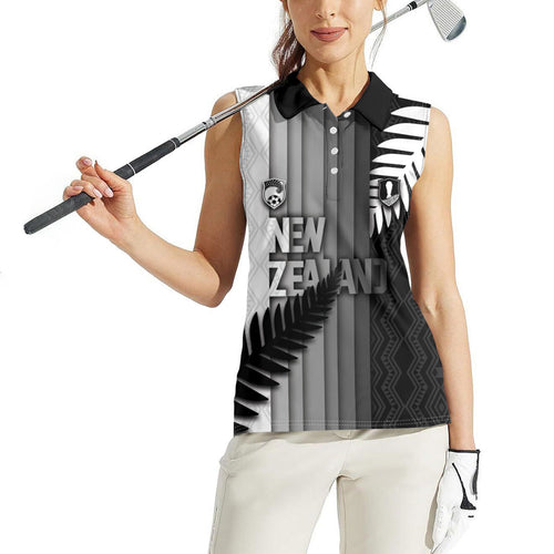 Custom New Zealand Football Women Sleeveless Polo Shirt Silver Fern Maori Pattern Monochrome