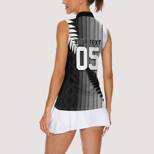 Custom New Zealand Football Women Sleeveless Polo Shirt Silver Fern Maori Pattern Monochrome