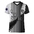 Custom New Zealand Football Women V-Neck T-Shirt Silver Fern Maori Pattern Monochrome