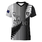 Custom New Zealand Football Women V-Neck T-Shirt Silver Fern Maori Pattern Monochrome