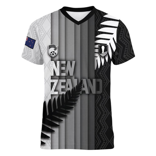 Custom New Zealand Football Women V-Neck T-Shirt Silver Fern Maori Pattern Monochrome
