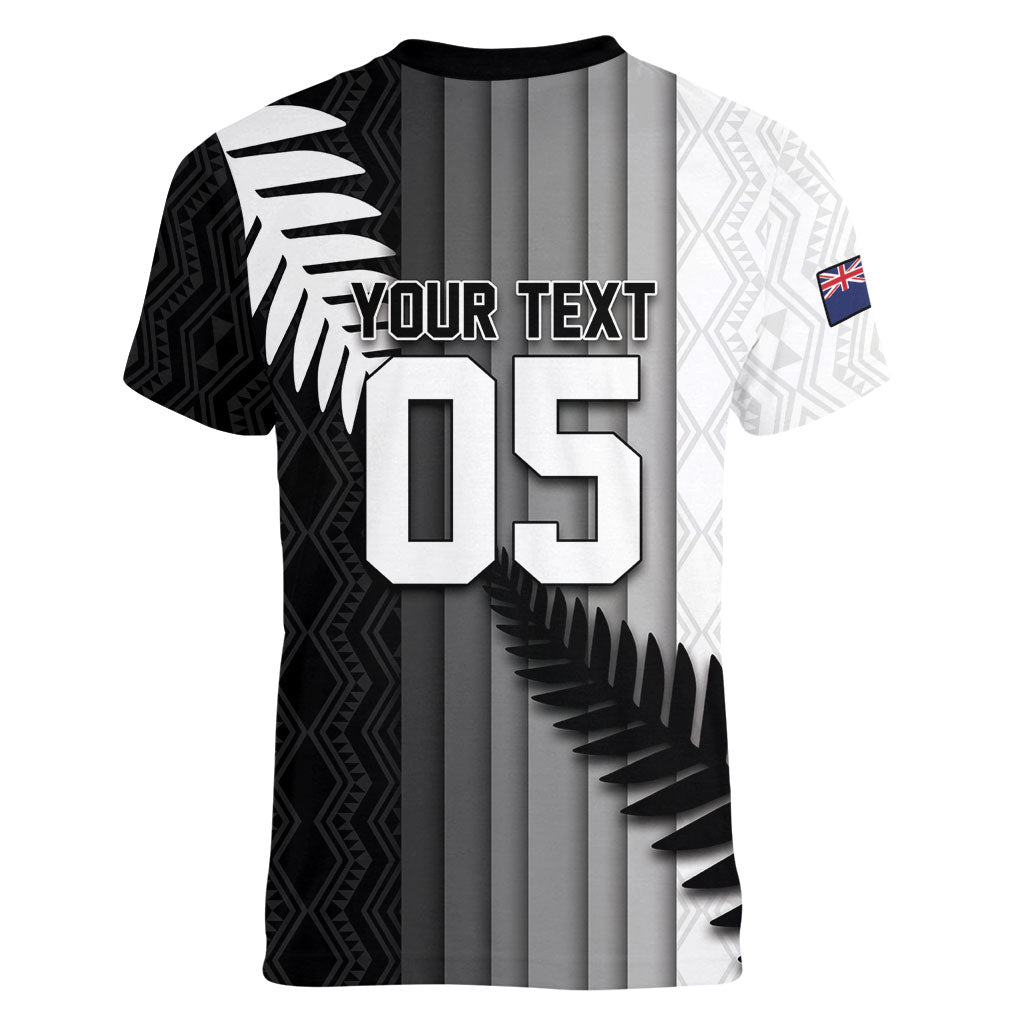 Custom New Zealand Football Women V-Neck T-Shirt Silver Fern Maori Pattern Monochrome