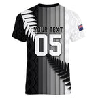 Custom New Zealand Football Women V-Neck T-Shirt Silver Fern Maori Pattern Monochrome