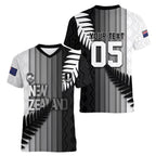 Custom New Zealand Football Women V-Neck T-Shirt Silver Fern Maori Pattern Monochrome