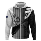 Custom New Zealand Football Zip Hoodie Silver Fern Maori Pattern Monochrome