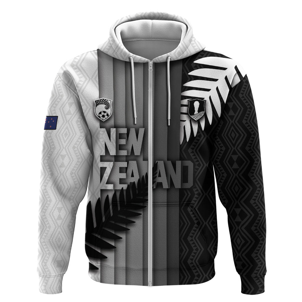 Custom New Zealand Football Zip Hoodie Silver Fern Maori Pattern Monochrome