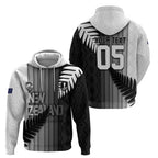 Custom New Zealand Football Zip Hoodie Silver Fern Maori Pattern Monochrome