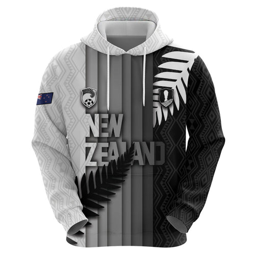 Custom New Zealand Football Zip Hoodie Silver Fern Maori Pattern Monochrome