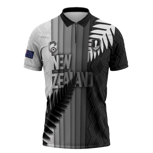 Custom New Zealand Football Zipper Polo Shirt Silver Fern Maori Pattern Monochrome