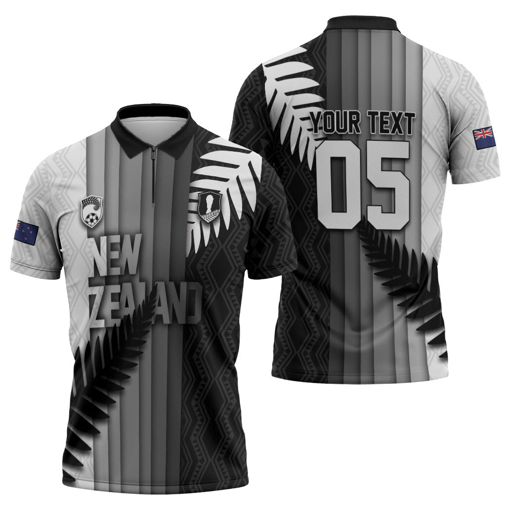 Custom New Zealand Football Zipper Polo Shirt Silver Fern Maori Pattern Monochrome