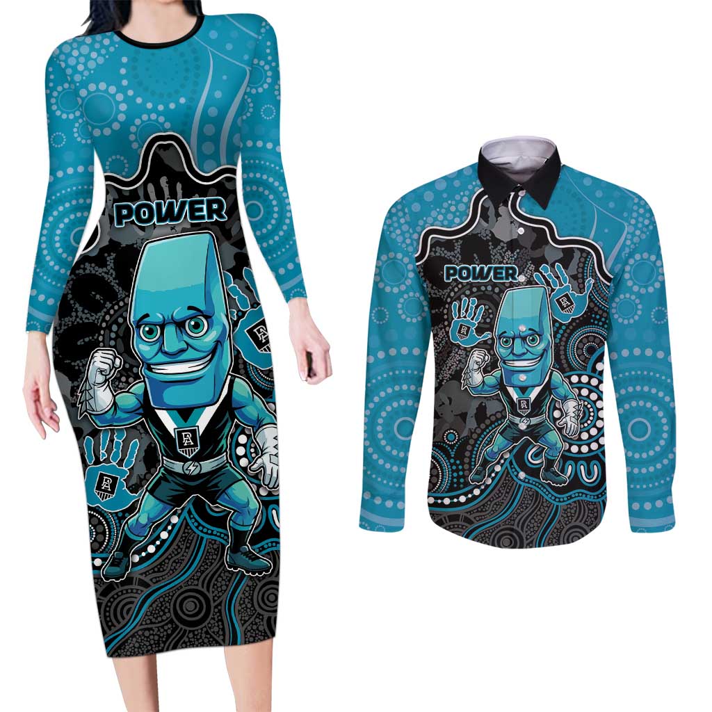 Custom Power Football Couples Matching Long Sleeve Bodycon Dress and Long Sleeve Button Shirt Aboriginal Dot Art Pattern