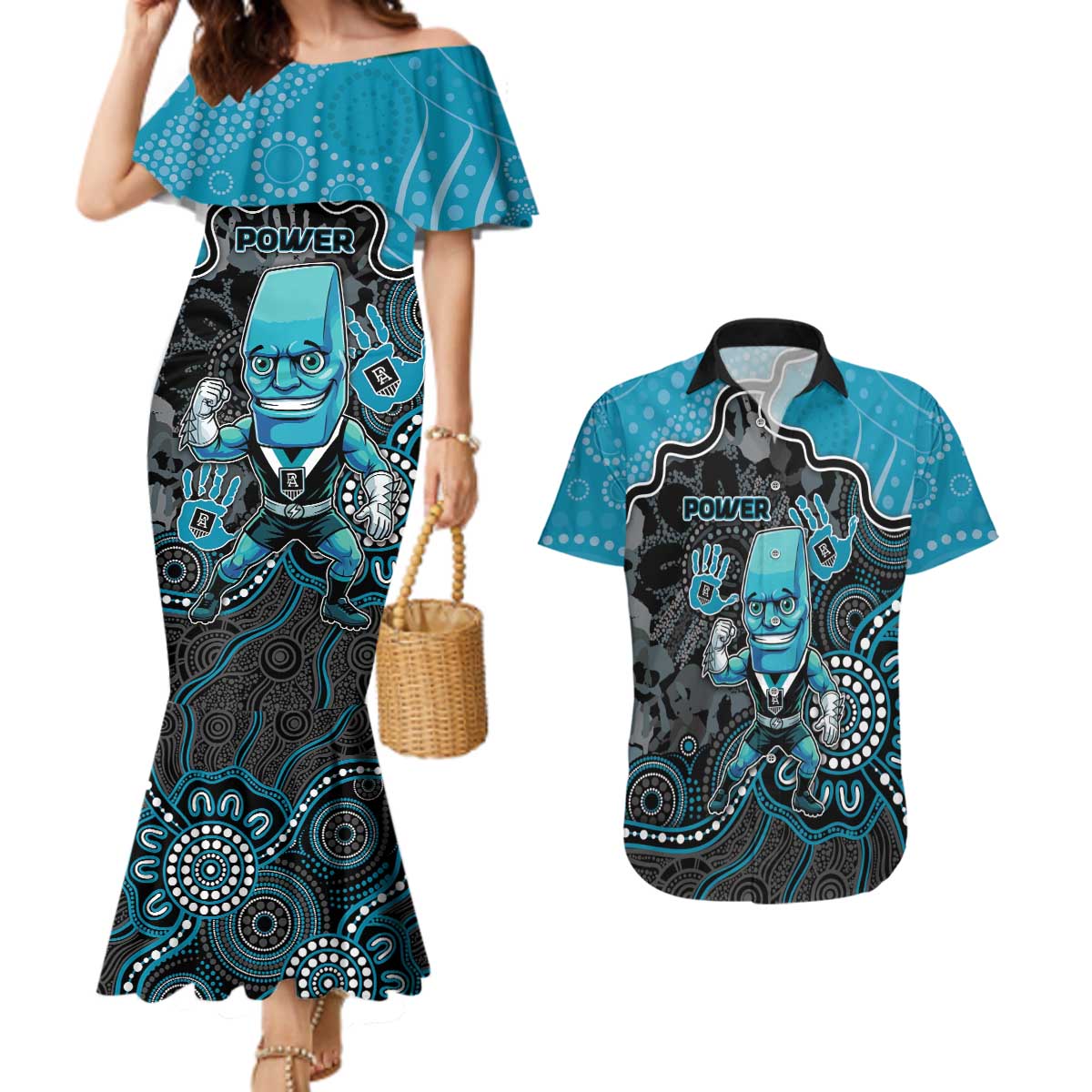 Custom Power Football Couples Matching Mermaid Dress and Hawaiian Shirt Aboriginal Dot Art Pattern