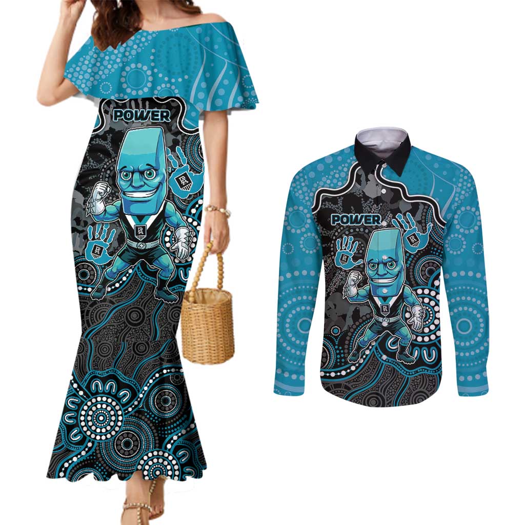 Custom Power Football Couples Matching Mermaid Dress and Long Sleeve Button Shirt Aboriginal Dot Art Pattern