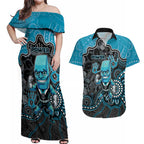 Custom Power Football Couples Matching Off Shoulder Maxi Dress and Hawaiian Shirt Aboriginal Dot Art Pattern