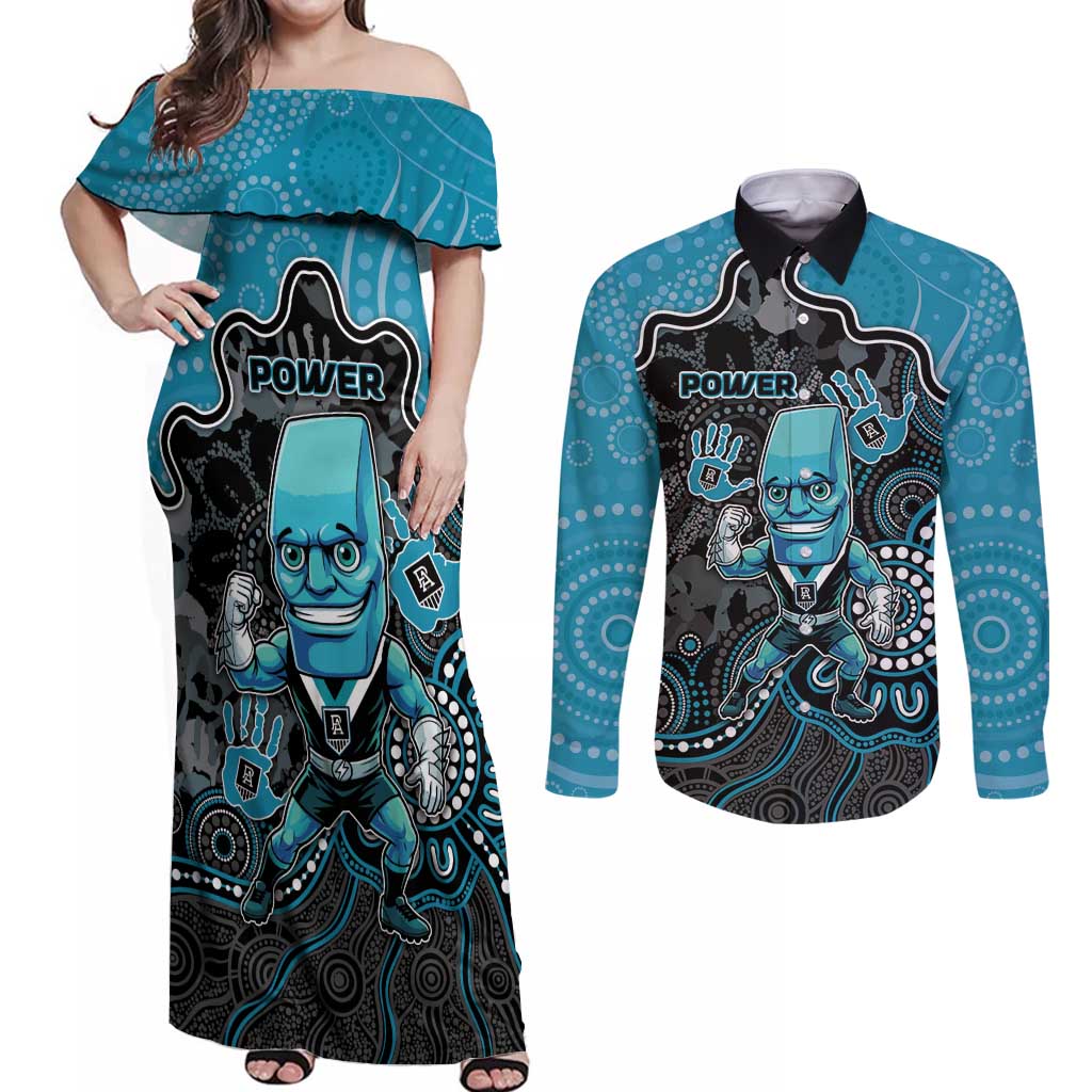 Custom Power Football Couples Matching Off Shoulder Maxi Dress and Long Sleeve Button Shirt Aboriginal Dot Art Pattern