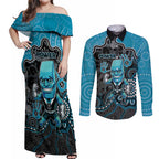 Custom Power Football Couples Matching Off Shoulder Maxi Dress and Long Sleeve Button Shirt Aboriginal Dot Art Pattern