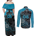Custom Power Football Couples Matching Off Shoulder Maxi Dress and Long Sleeve Button Shirt Aboriginal Dot Art Pattern