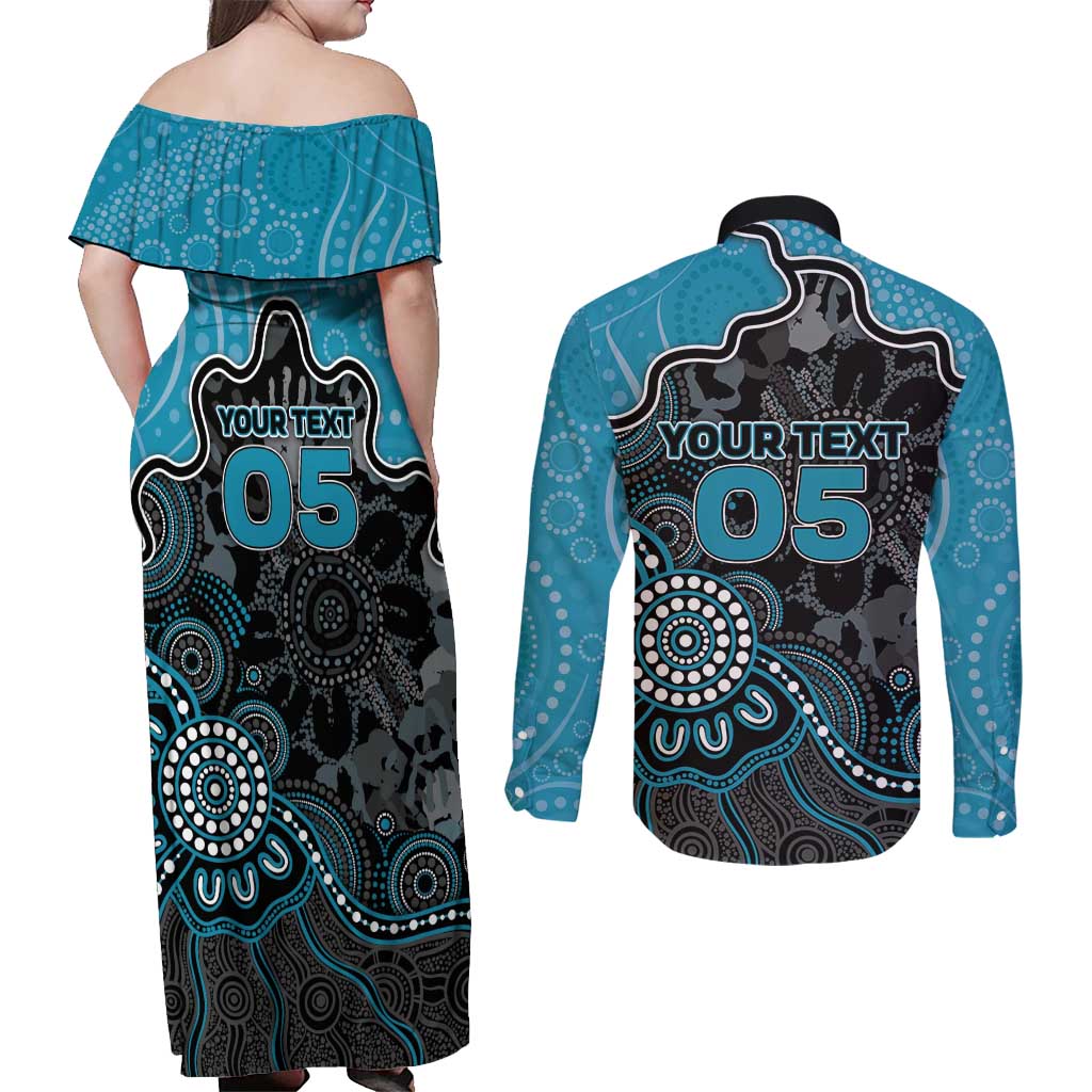 Custom Power Football Couples Matching Off Shoulder Maxi Dress and Long Sleeve Button Shirt Aboriginal Dot Art Pattern