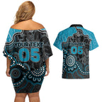 Custom Power Football Couples Matching Off Shoulder Short Dress and Hawaiian Shirt Aboriginal Dot Art Pattern
