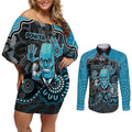 Custom Power Football Couples Matching Off Shoulder Short Dress and Long Sleeve Button Shirt Aboriginal Dot Art Pattern