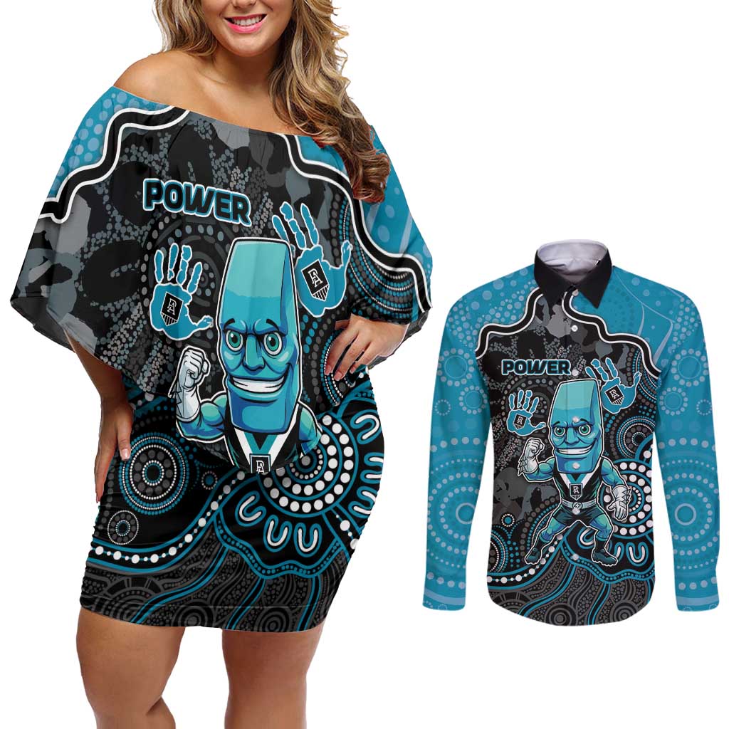 Custom Power Football Couples Matching Off Shoulder Short Dress and Long Sleeve Button Shirt Aboriginal Dot Art Pattern