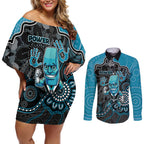 Custom Power Football Couples Matching Off Shoulder Short Dress and Long Sleeve Button Shirt Aboriginal Dot Art Pattern