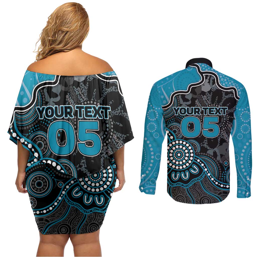 Custom Power Football Couples Matching Off Shoulder Short Dress and Long Sleeve Button Shirt Aboriginal Dot Art Pattern