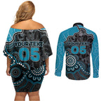 Custom Power Football Couples Matching Off Shoulder Short Dress and Long Sleeve Button Shirt Aboriginal Dot Art Pattern