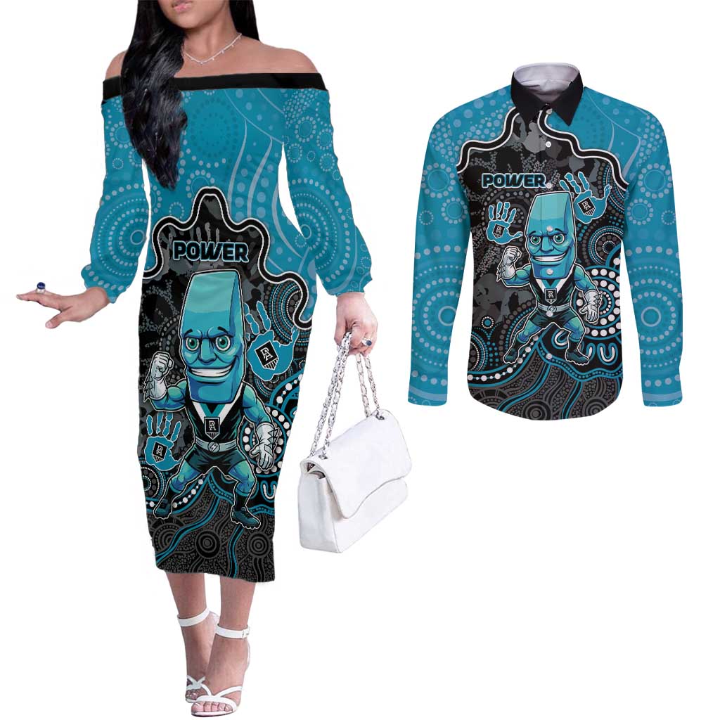 Custom Power Football Couples Matching Off The Shoulder Long Sleeve Dress and Long Sleeve Button Shirt Aboriginal Dot Art Pattern
