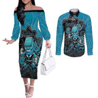 Custom Power Football Couples Matching Off The Shoulder Long Sleeve Dress and Long Sleeve Button Shirt Aboriginal Dot Art Pattern