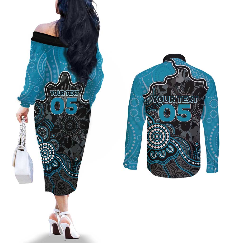 Custom Power Football Couples Matching Off The Shoulder Long Sleeve Dress and Long Sleeve Button Shirt Aboriginal Dot Art Pattern