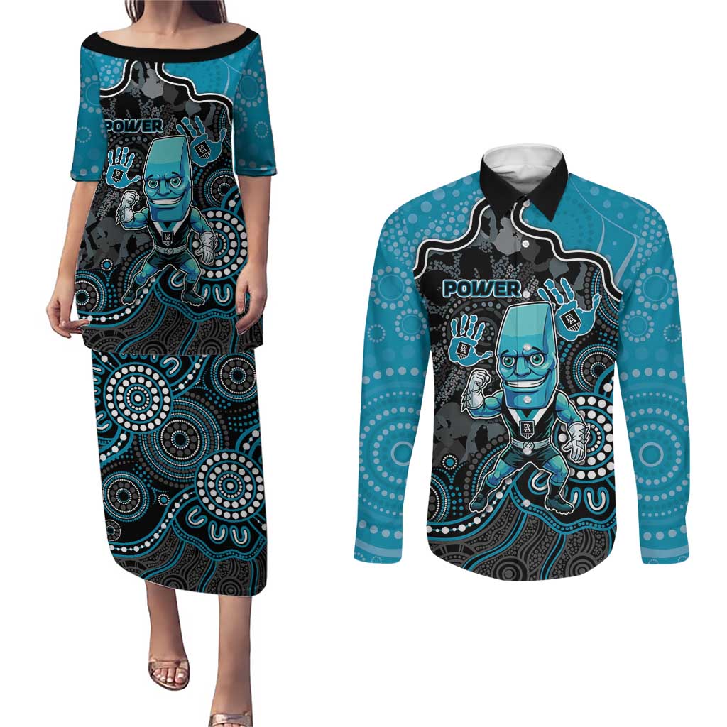 Custom Power Football Couples Matching Puletasi and Long Sleeve Button Shirt Aboriginal Dot Art Pattern