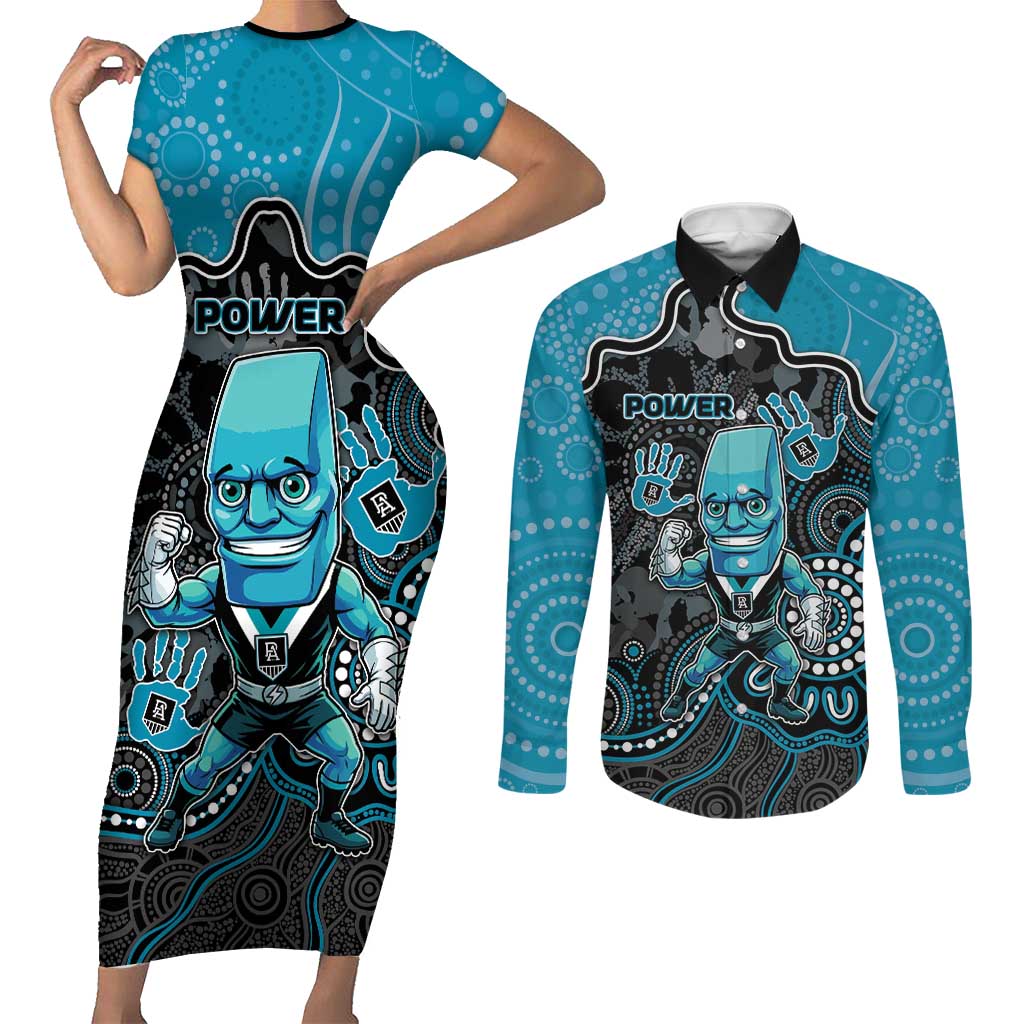 Custom Power Football Couples Matching Short Sleeve Bodycon Dress and Long Sleeve Button Shirt Aboriginal Dot Art Pattern