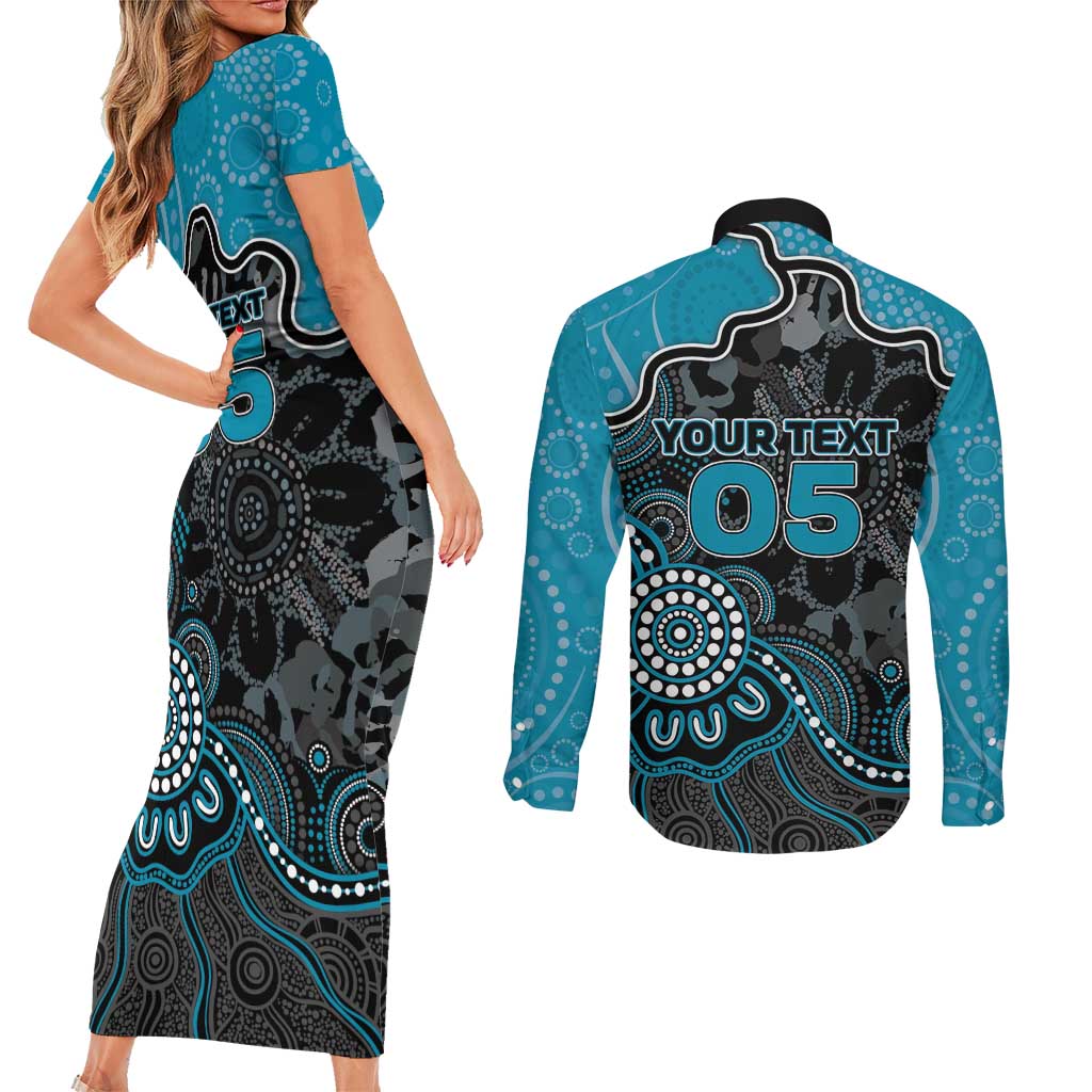Custom Power Football Couples Matching Short Sleeve Bodycon Dress and Long Sleeve Button Shirt Aboriginal Dot Art Pattern