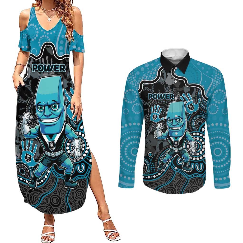 Custom Power Football Couples Matching Summer Maxi Dress and Long Sleeve Button Shirt Aboriginal Dot Art Pattern
