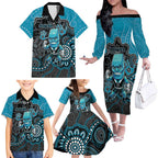 Custom Power Football Family Matching Off The Shoulder Long Sleeve Dress and Hawaiian Shirt Aboriginal Dot Art Pattern