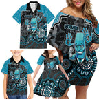 Custom Power Football Family Matching Off Shoulder Short Dress and Hawaiian Shirt Aboriginal Dot Art Pattern