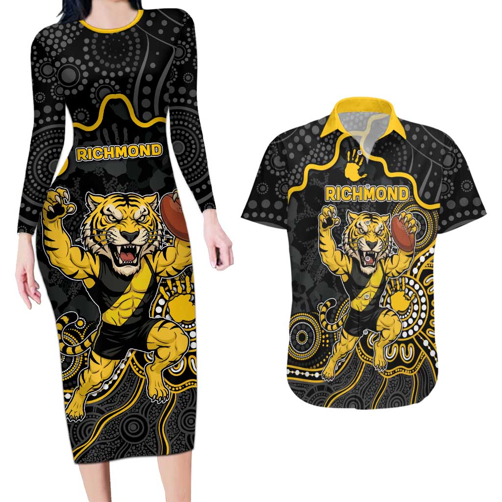 Custom Richmond Football Couples Matching Long Sleeve Bodycon Dress and Hawaiian Shirt Aboriginal Dot Art Pattern