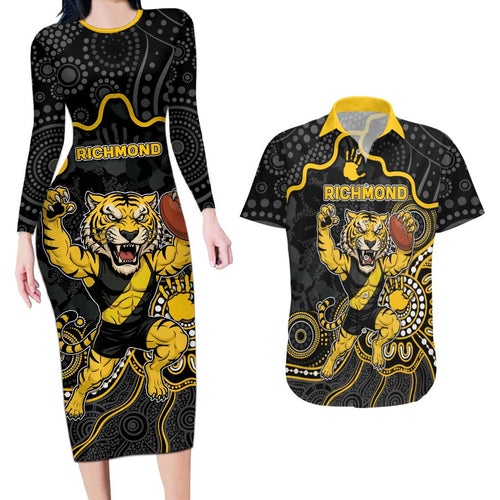 Custom Richmond Football Couples Matching Long Sleeve Bodycon Dress and Hawaiian Shirt Aboriginal Dot Art Pattern