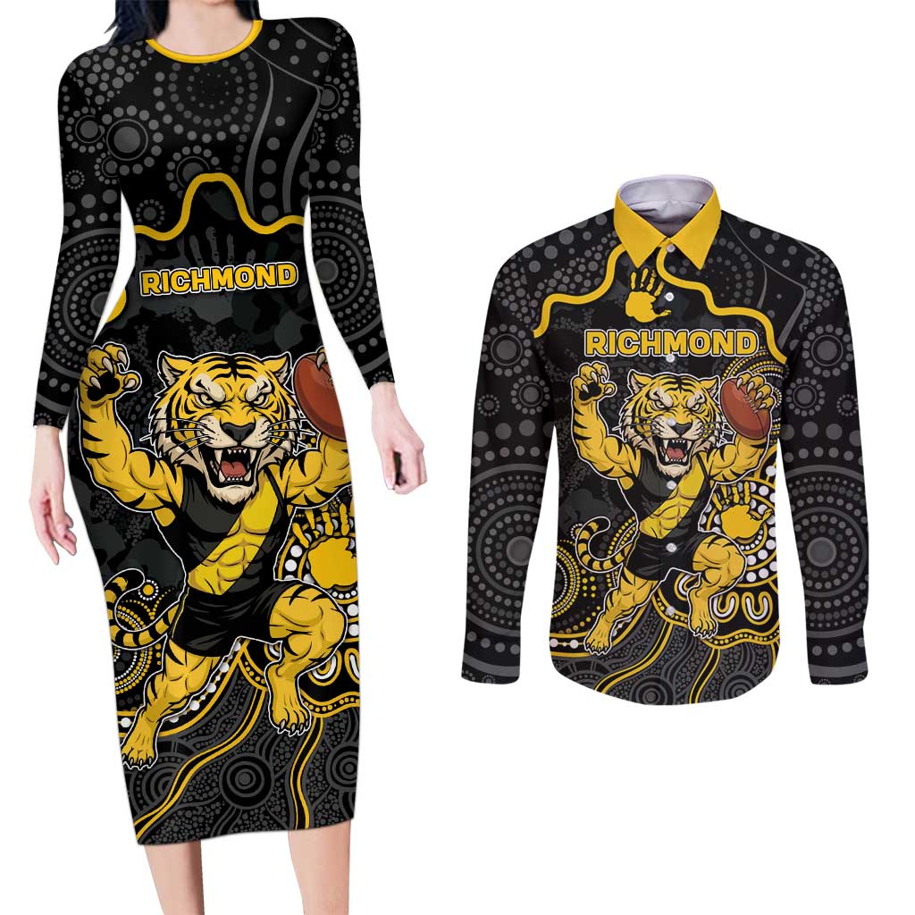 Custom Richmond Football Couples Matching Long Sleeve Bodycon Dress and Long Sleeve Button Shirt Aboriginal Dot Art Pattern