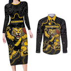 Custom Richmond Football Couples Matching Long Sleeve Bodycon Dress and Long Sleeve Button Shirt Aboriginal Dot Art Pattern