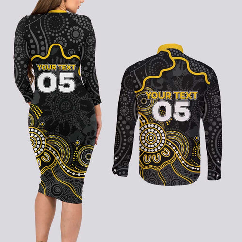 Custom Richmond Football Couples Matching Long Sleeve Bodycon Dress and Long Sleeve Button Shirt Aboriginal Dot Art Pattern