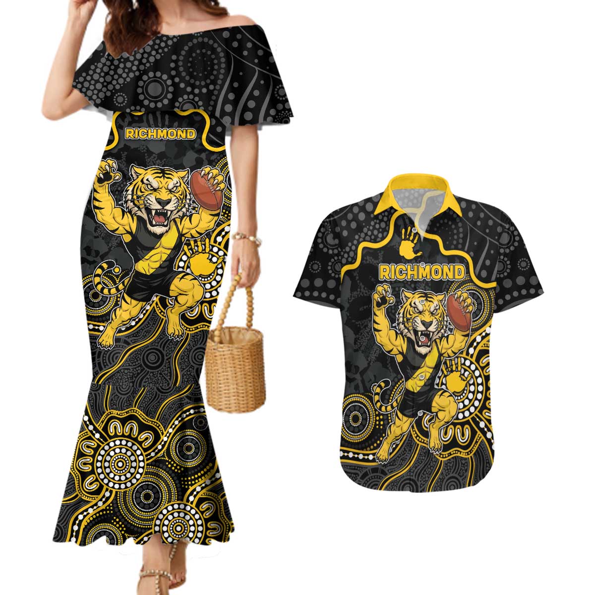 Custom Richmond Football Couples Matching Mermaid Dress and Hawaiian Shirt Aboriginal Dot Art Pattern