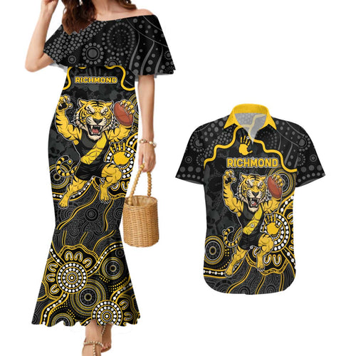 Custom Richmond Football Couples Matching Mermaid Dress and Hawaiian Shirt Aboriginal Dot Art Pattern
