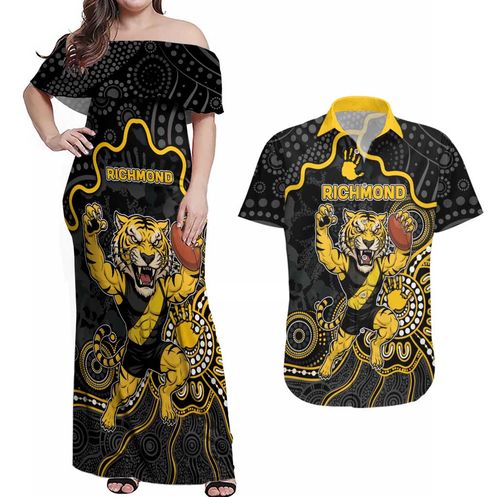 Custom Richmond Football Couples Matching Off Shoulder Maxi Dress and Hawaiian Shirt Aboriginal Dot Art Pattern