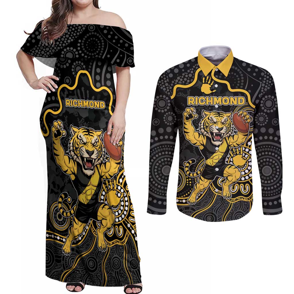 Custom Richmond Football Couples Matching Off Shoulder Maxi Dress and Long Sleeve Button Shirt Aboriginal Dot Art Pattern